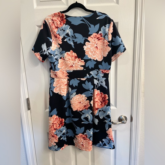 Enfocus Studio Navy Blue and Pink Fit and Flare Midi Dress Pleated - Picture 3 of 4